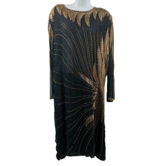 Stunning Vintage Black Silk Beaded Dress with Radiant Sunburst Design | Tag Size - Picture 1 of 8